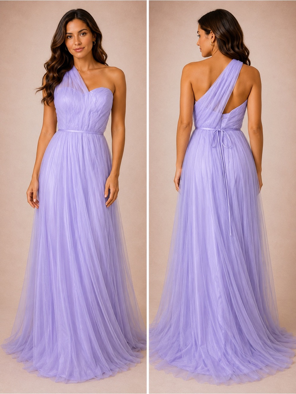 One-Shoulder Lavender Tulle Evening Gown